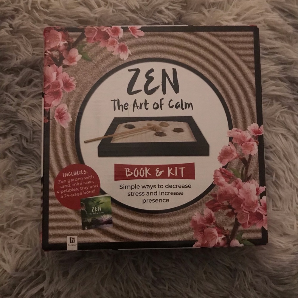 Zen Calm Relax De-Stress Sand Garden w/ Rake Pebbles Tray Book Self Care Art